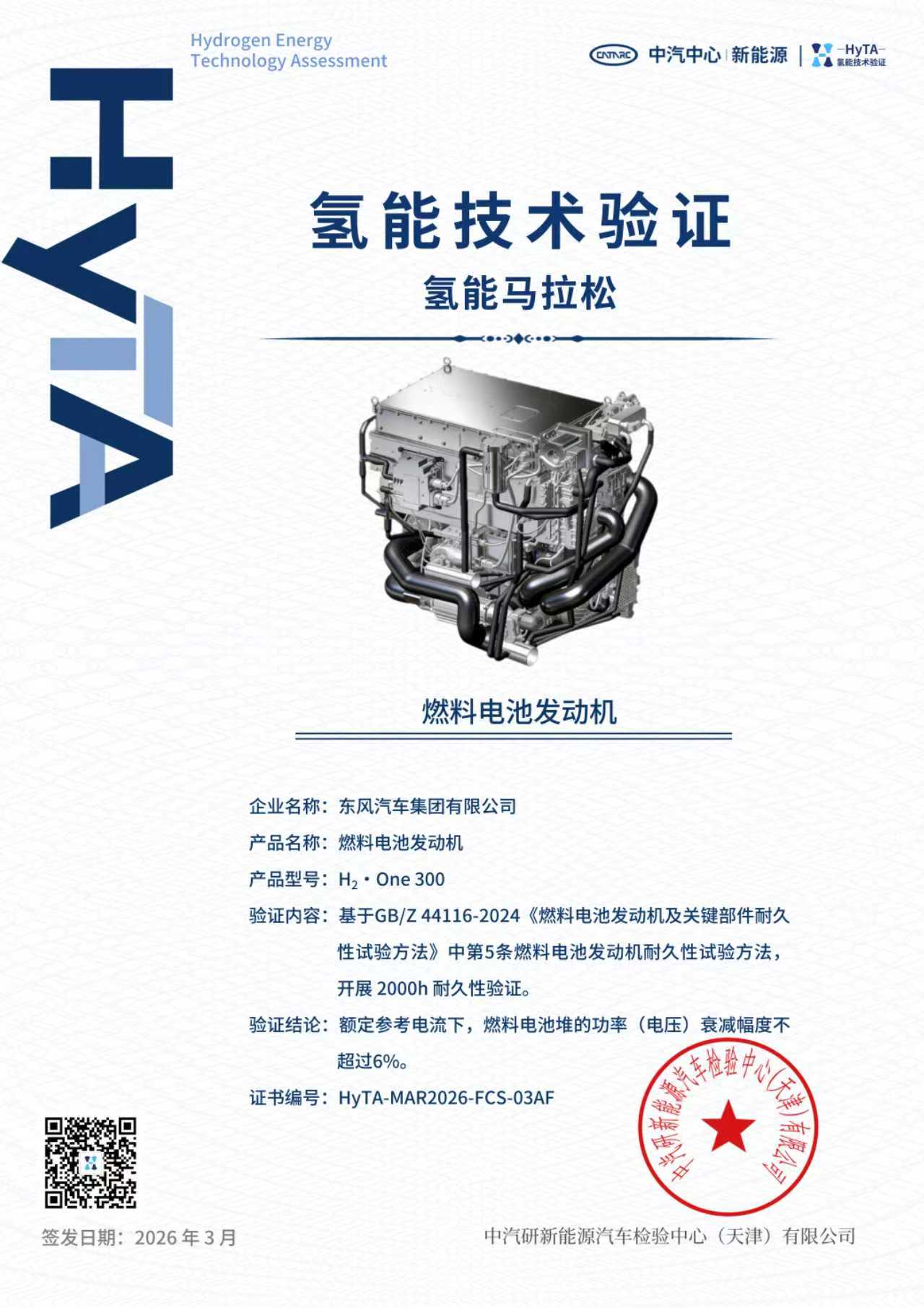 图3.东风H₂・Core 350电堆、H₂・One 300系统HyTA认证证书-系统